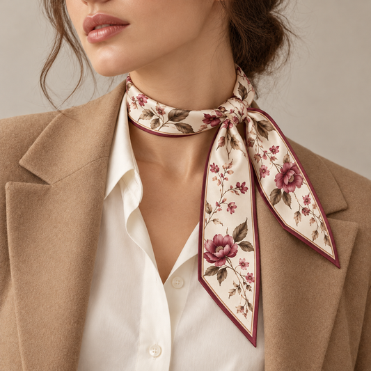 Elnaviq® Fleur de Bordeaux Floral Twilly Scarf | A Romantic Accent for Everyday Style